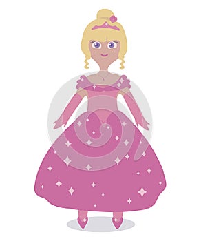 Pink vector beautiful cute princess doll in a magnificent ball gown and crown illustration isolated on white background