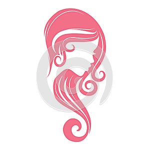 Pink vector icon girl silhouette with wavy long hair