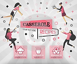 Pink vector illustration concept. casserole recipes cover book.  healthy cooking recipe and deliciou food cover can be for, magazi