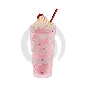 Pink vector milkshake with cherry. Isolated object.