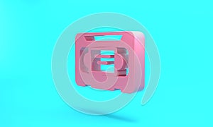 Pink VHS video cassette tape icon isolated on turquoise blue background. Minimalism concept. 3D render illustration