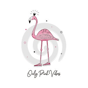 Pink Vibes slogan for t shirt design with flamingo princess in sneakers. Tee shirt typography with tropical bird in crown