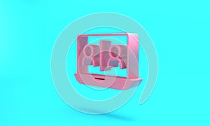 Pink Video chat conference icon isolated on turquoise blue background. Online meeting work form home. Remote project