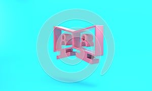 Pink Video chat conference icon isolated on turquoise blue background. Online meeting work form home. Remote project