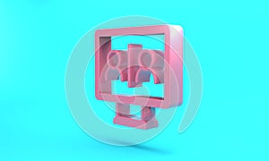 Pink Video chat conference icon isolated on turquoise blue background. Online meeting work form home. Remote project