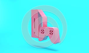 Pink Video game console with joystick icon isolated on turquoise blue background. Minimalism concept. 3D render