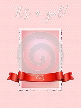 Pink vintage card with red ribbon isolated on pink background and It`s a girl text. Vector pink newborn card template.
