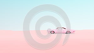 Pink Vintage Muscle Car Desert Sand Blue Sky Sunny Road Trip Rest Break Isolated Driving Pastel Serene Tranquillity