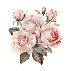 Pink vintage roses flowers isolated on white background. Watercolor illustration