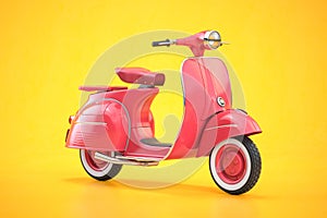 Pink vintage scooter, motor bike or moped on yellow background