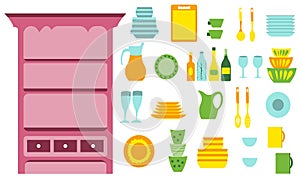 Pink vintage sideboard dishware collection, kitchen utensils for cooking