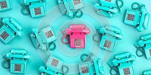 Pink vintage telephone on background from blue retro telephones. Contact us and support concept background