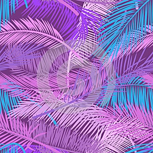 Pink and violet leaves palm tree on dark background. Beautiful seamless tropical floral pattern background. Vector