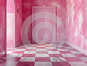 pink wall background with scenic door, Barbie style, Barbie backdrop , chess floor