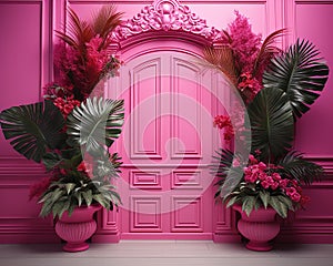 pink wall background with scenic door, Barbie style, Barbie backdrop, floral garland with pink and fuchsia flowers,