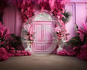 pink wall background with scenic door, Barbie style, Barbie backdrop, floral garland with pink and fuchsia flowers,