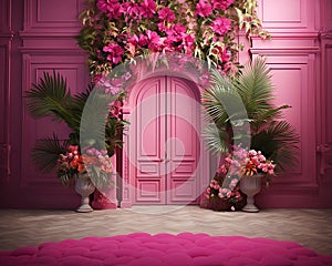 pink wall background with scenic door, Barbie style, Barbie backdrop, floral garland with pink and fuchsia flowers,