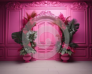 pink wall background with scenic door, Barbie style, Barbie backdrop, floral garland with pink and fuchsia flowers,