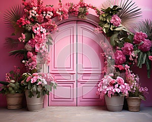 pink wall background with scenic door, Barbie style, Barbie backdrop, floral garland with pink and fuchsia flowers,