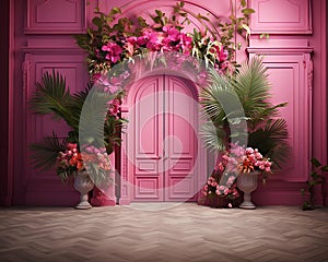 pink wall background with scenic door, Barbie style, Barbie backdrop, floral garland with pink and fuchsia flowers,