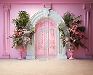 pink wall background with scenic door, Barbie style, Barbie backdrop, floral garland with pink and fuchsia flowers,