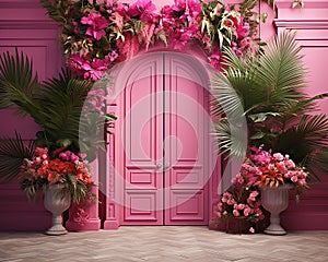 pink wall background with scenic door, Barbie style, Barbie backdrop, floral garland with pink and fuchsia flowers,