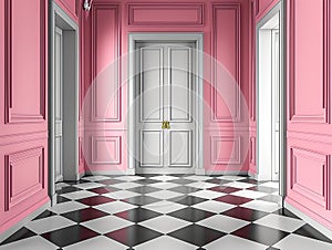pink wall background with scenic door, Barbie style, Barbie backdrop , pink floor, baroque room