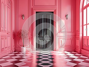 pink wall background with scenic door, Barbie style, Barbie backdrop , pink floor, baroque room