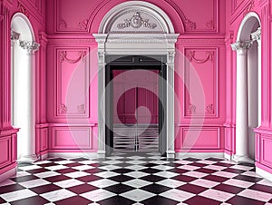 pink wall background with scenic door, Barbie style, Barbie backdrop , pink floor, baroque room