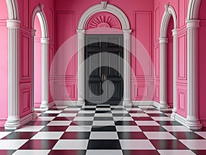 pink wall background with scenic door, Barbie style, Barbie backdrop , pink floor, baroque room