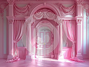 pink wall background with scenic door, Barbie style, Barbie backdrop , pink floor, baroque room