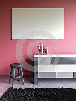 Pink wall interior mock up 3d render