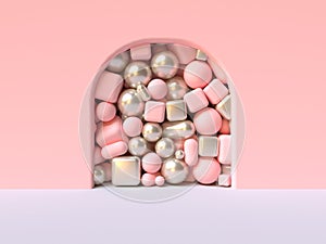 pink wall white floor abstract curve door group of pink metallic geometric shape in side 3d render