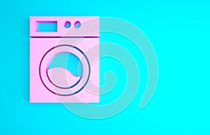 Pink Washer icon isolated on blue background. Washing machine icon. Clothes washer - laundry machine. Home appliance