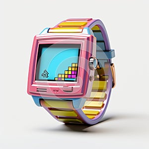 Pink Watch With Rainbow Colored Screen - Nostalgic 2d Game Art Style