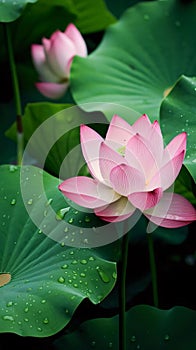 Pink water lilies and green leaves with Drops of water, dew, rain. Flowering flowers, a symbol of spring, new life