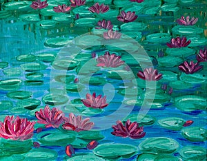 Pink Water lilies, oil painting.