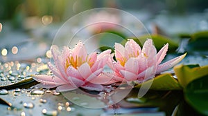 pink water lilies in sunshine, tranquility in idyllic nature, wellness