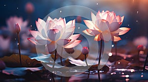 Pink water lily and green leaves over the water, sunshine. Flowering flowers, a symbol of spring, new life