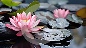 Pink water lily and green leaves on the water. Flowering flowers, a symbol of spring, new life