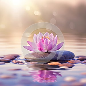 Pink water lily on mineral pebble on the water.