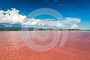 Pink water salt lake in Dominican Republic