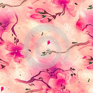 Pink Watercolor Blossom Flower. Seamless Rose Pattern.