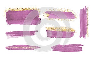 Pink watercolor brush stroke with gold glitter texture, confetti.