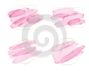 pink watercolor brush stroke with golden frame for logo or banner collection