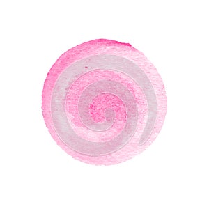 Pink watercolor circle isolated on white. Abstract round background. Red watercolour stains texture. Hand drawn purple