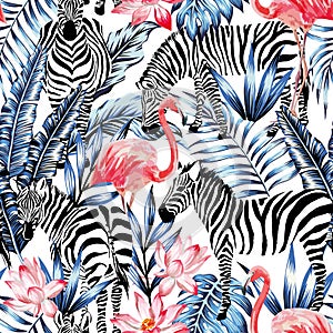 Pink watercolor flamingo, zebra and blue palm leaves tropical seamless background