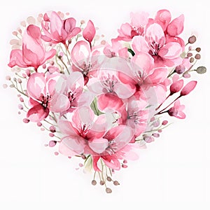 Pink Watercolor Floral Heart Illustration on White Background. Generative AI