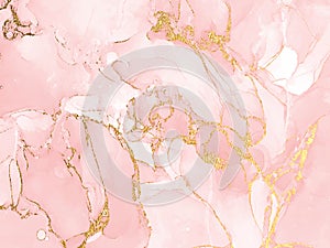 Pink watercolor fluid painting vector design card. Dusty rose and golden marble geode frame. Spring wedding invitation