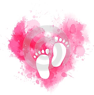 Pink watercolor heart with baby footprints